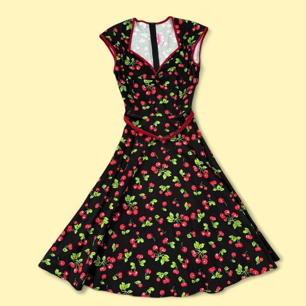 cherry print 1950s style pin up a line midi dress